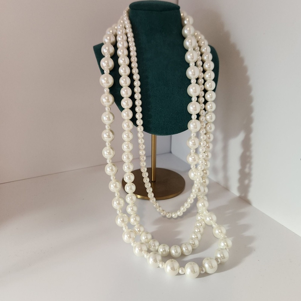 Multi Strand Faux Pearl Layered Necklace Cream Gold Tone Adjustable Statement